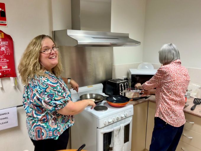 Kerrie and Therese on top of pancake duty